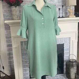 Mint Green Dress 3/4 Ruffle Sleeve 3Button with Collar  and Pockets Size S